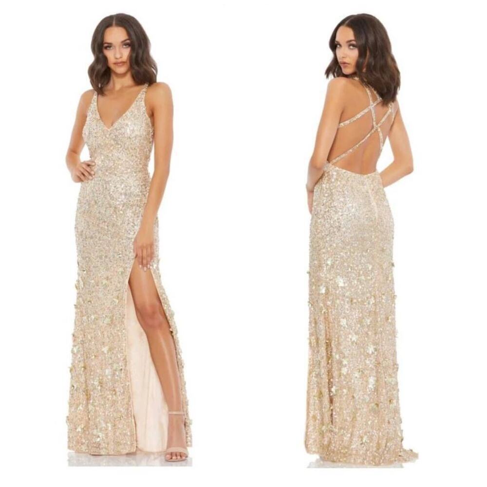 Mac Duggal Leena Sequined Strappy Slip Dress V-Neck Silver Size 2 NWT